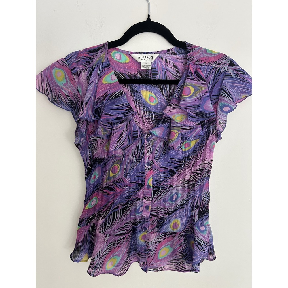 Allison Taylor Purple Peacock Feather Ruffle V-Neck Blouse Cap Sleeve Medium